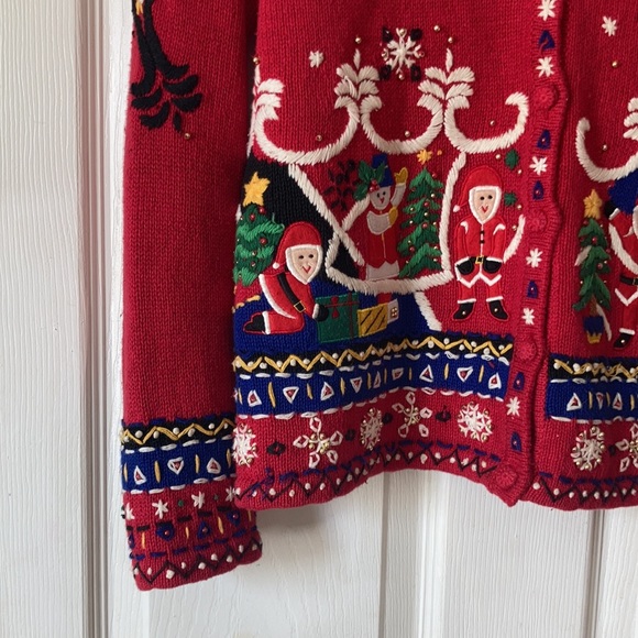 Designers originals vtg red Santa crew neck button front ugly Christmas sweater - Picture 7 of 17